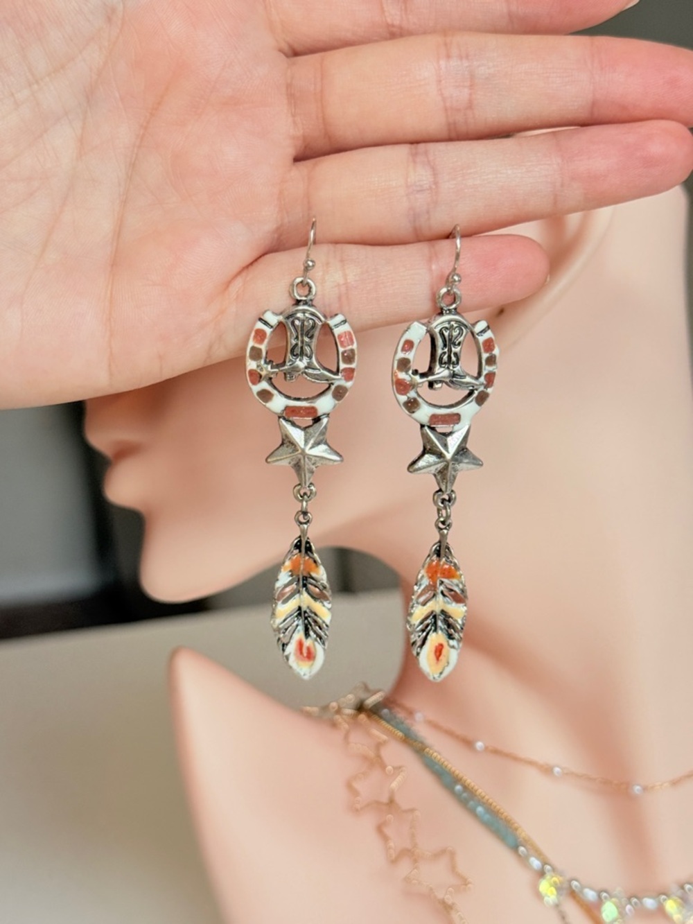 Silver-tone Boho Feather Dangle Earrings - Picture 10 of 11